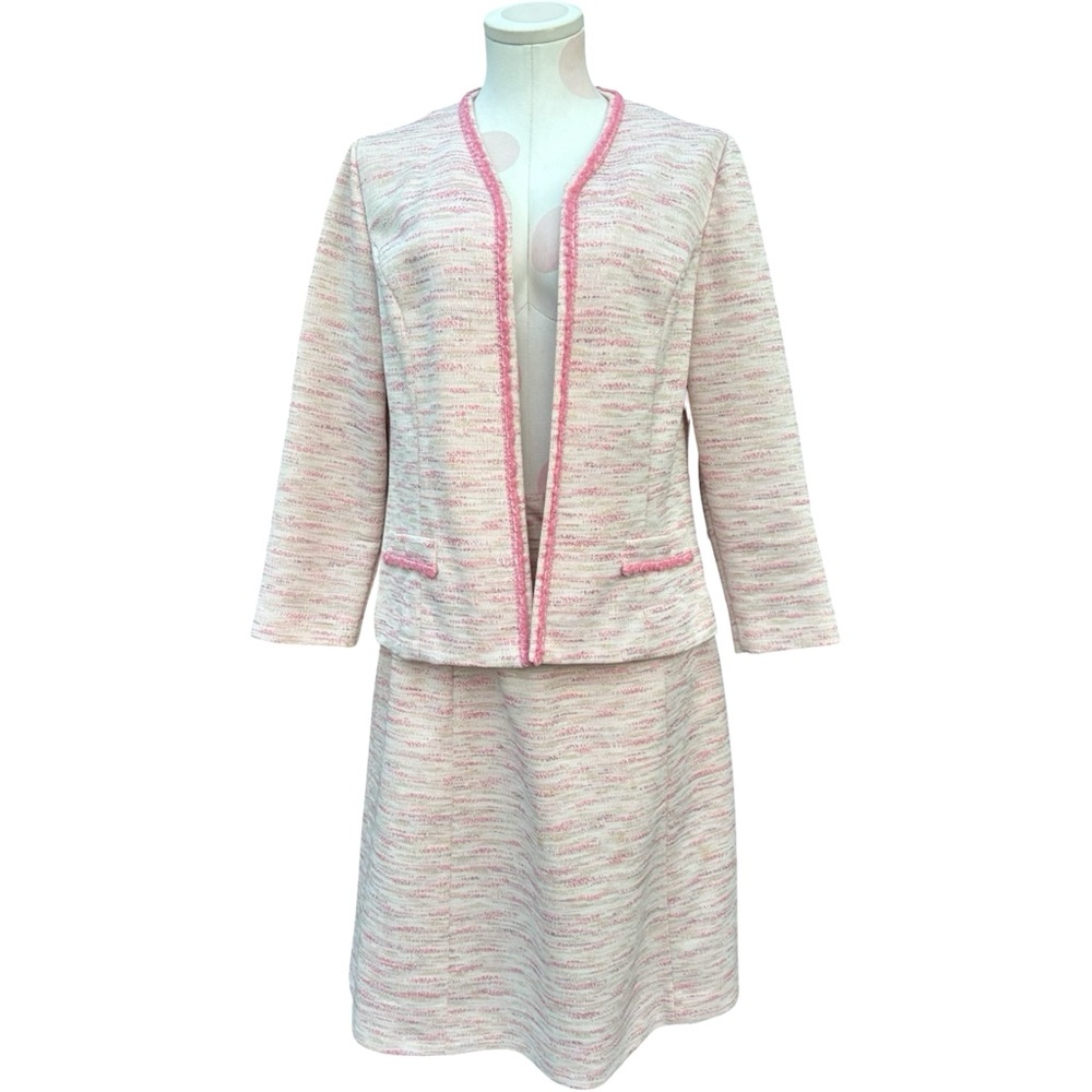 Vintage 1960s Mad Men Tweed Knit Skirt Suit Set – Pink/White